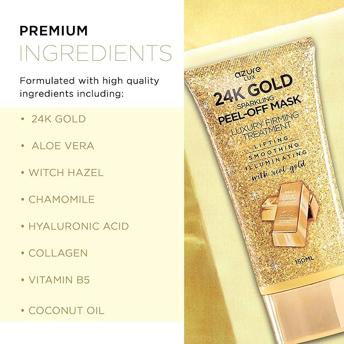 AZURE 24K Gold Firming Peel Off Face Mask- Anti Aging, Lifting, Illuminating & Revitalizing - Removes Blackheads, Dirt & Oils - With Hyaluronic Acid and Collagen - Skin Care - 150mL - 2 Pack
