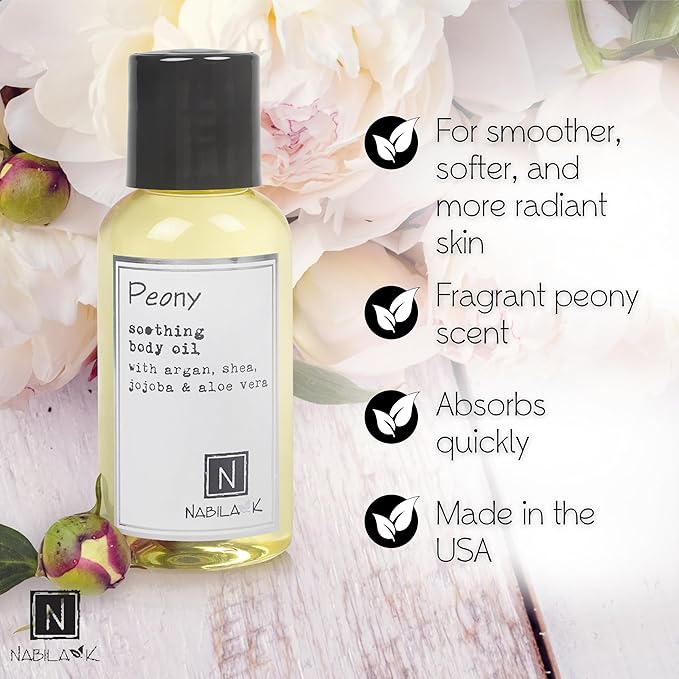 Peony Body Oil, Travel Size 2.4 oz Moisturize & Nourish with Argan & Coconut Oil - Vitamin C Enriched - Naturally Derived, Vegan-Friendly