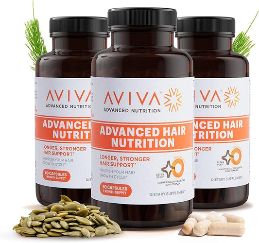 AVIVA - Advanced Hair Nutrition Hair Growth Vitamins, Hair Growth Supplement for Voluminous Tresses, Hair Vitamins with 5000mcg Biotin, 18 Essential Oils, Nutrients and Vitamins for Hair, 180 Capsules