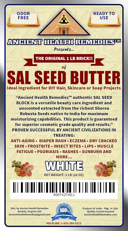 Ancient Health Remedies Cosmetic Grade, PURE SAL SEED BUTTER 1 LB (16 oz) BLOCK, Bulk, Odor Free Alternative to Raw Butters. Ideal Healing Base for DIY Balms, Creams, Hair and Hand Creams (INDIA).