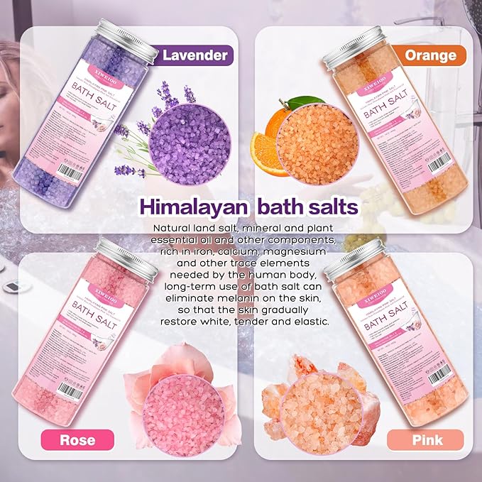 Bath Salt 4 Pack Kit 56 OZ Himalayan Pink Salt Foot Soak Lavender Orange Rose Scent Tea Tree Oil Epsom Salt Bubble Bath for Women Dead Sea Salt Moisturizing Skin Softens Calluses