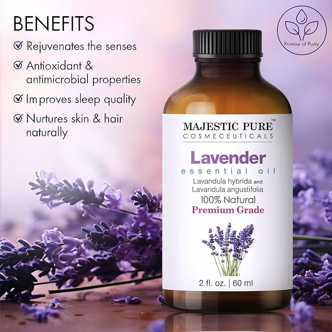 MAJESTIC PURE Lavender Essential Oil | 100% Pure and Natural Oil | Premium Grade Essential Oils for Hair Care, Home Diffusers, Skin, Aromatherapy, Massage and Humidifiers | 2 Fl Oz