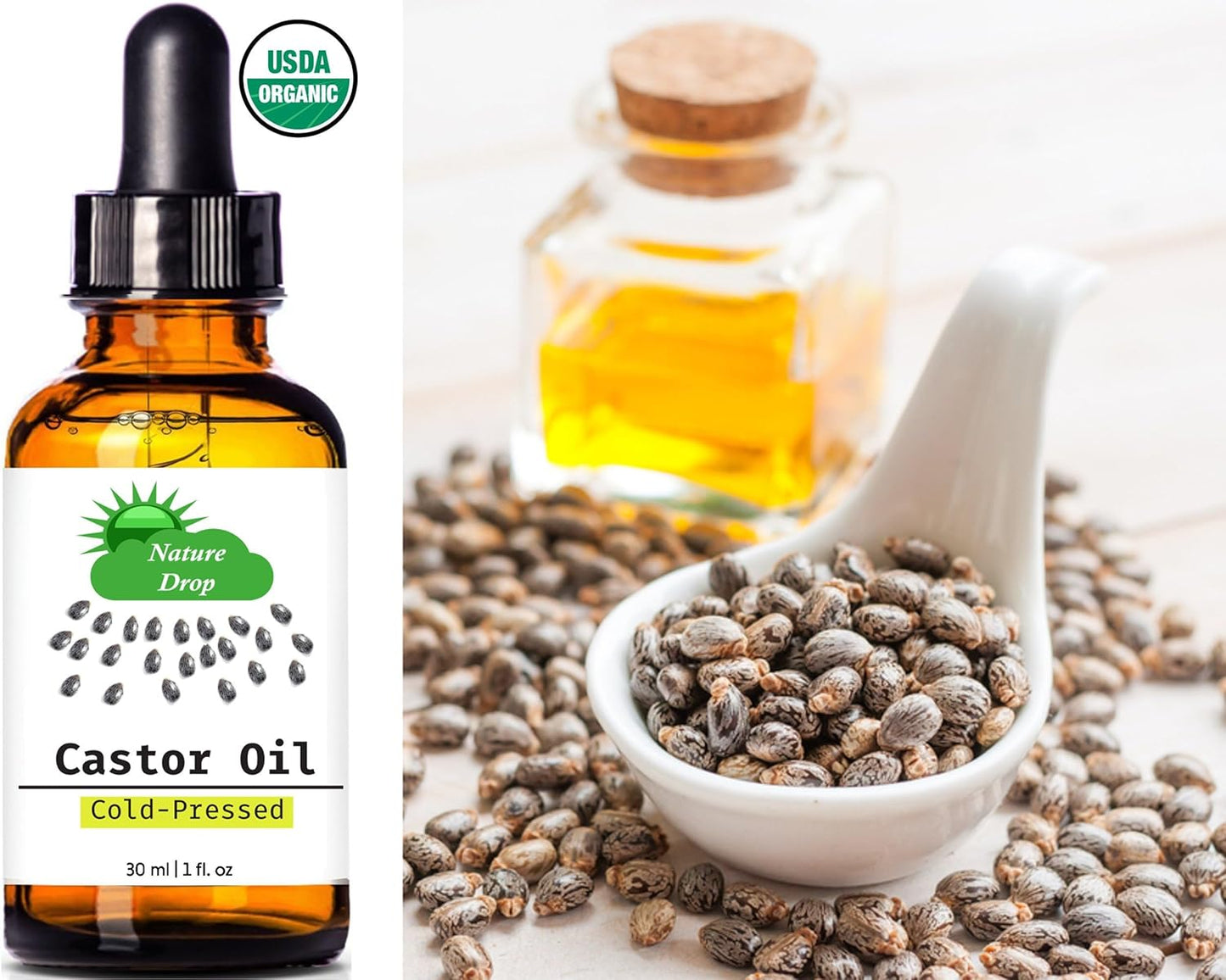 Organic Castor Oil,1 oz - 100% USDA Certified Pure Cold Pressed Hexane free - Best oil Growth For Eyelashes, Hair, Eyebrows, Face and Skin, Triple Filtered, Great for Acne