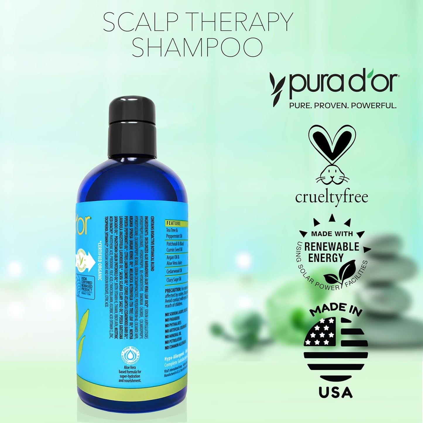 PURA D'OR Therapy Shampoo (16oz) Hydrates & Nourishes - Scalp Care Shampoo For Itchy Flaky Scalp w/ Tea Tree, Peppermint, Patchouli, Cedarwood, Clary Sage, Argan Oil (Packaging may vary)