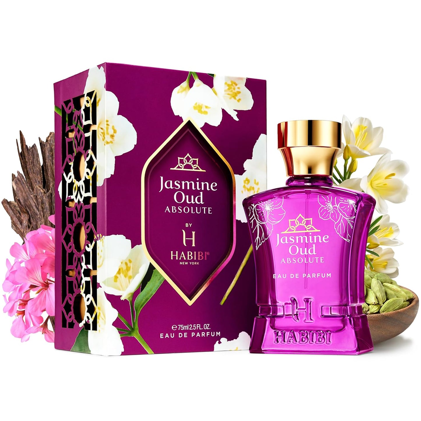 H HABIBI Jasmine Oud Absolute Arabian Perfume for Women - 2.5 oz (75ML) Long Lasting Women's Fragrances, Woody Floral Scent with Leather, Rose & Oud Notes