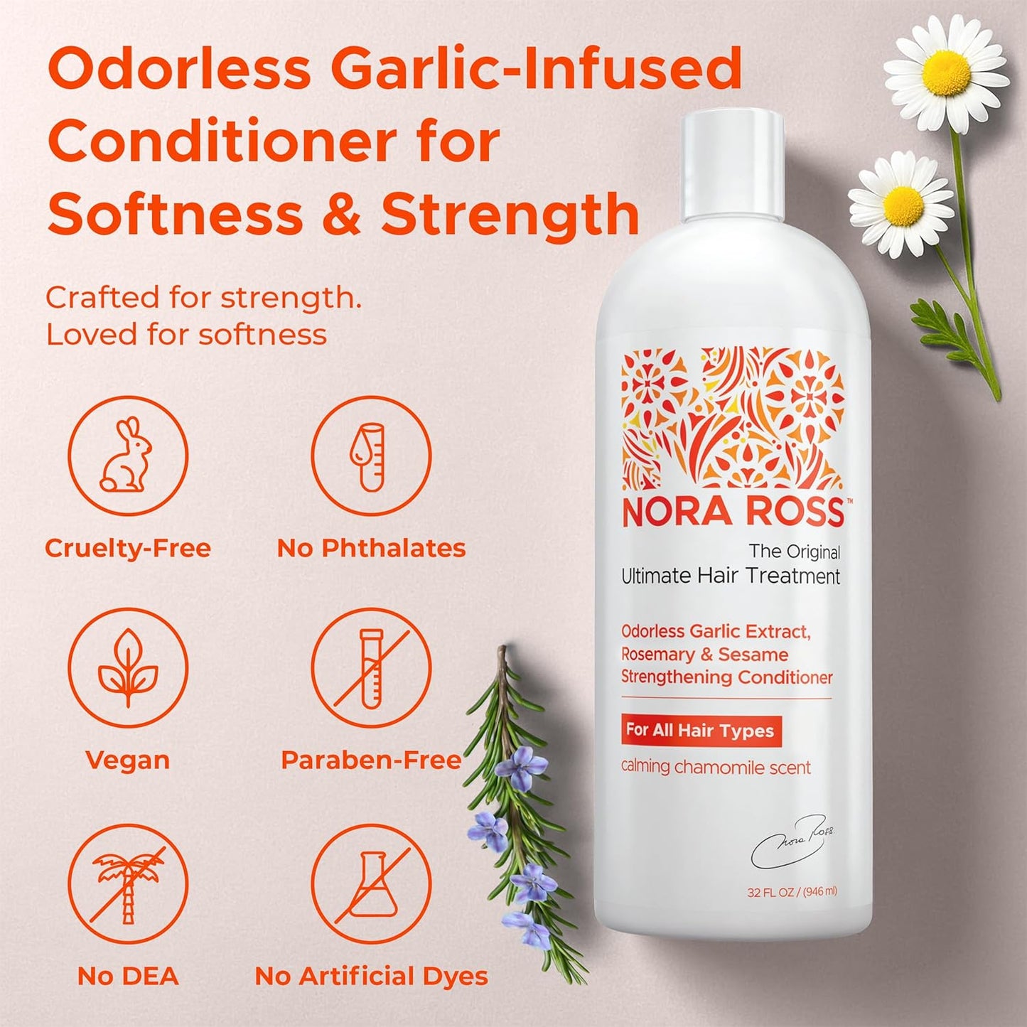 Nora Ross Garlic Extract Strengthening Conditioner with Sesame Seed Oil – Natural Deep Hair Conditioner for Women and Men with Dry, Damaged, Thinning Hair – Hydrating Paraben-Free Treatment – 32oz