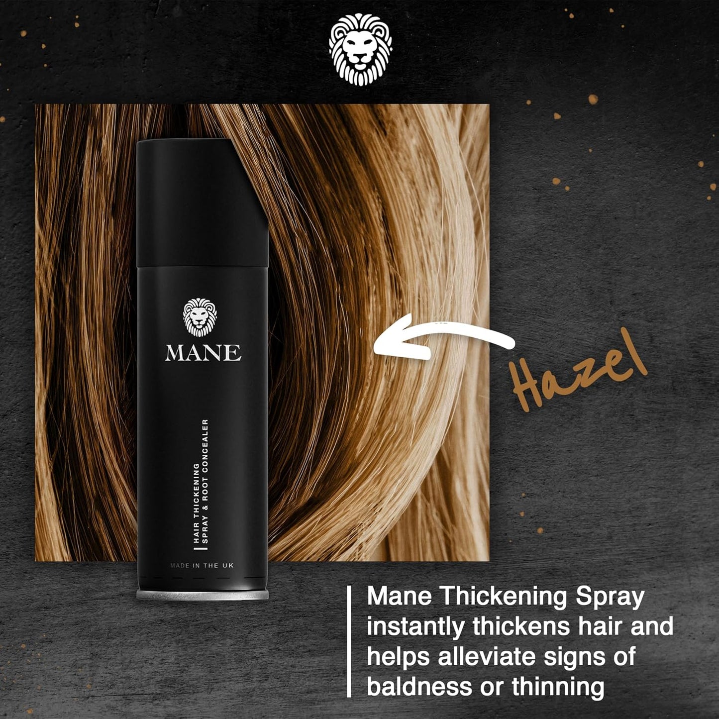 Mane Hair Thickening Spray & Root Touch Up, Instantly Thicker Hair for Men & Women, Fill in Hairlines and Hide Thinning and Fine Patches - Hazel, 12 Colors (6.76 oz)