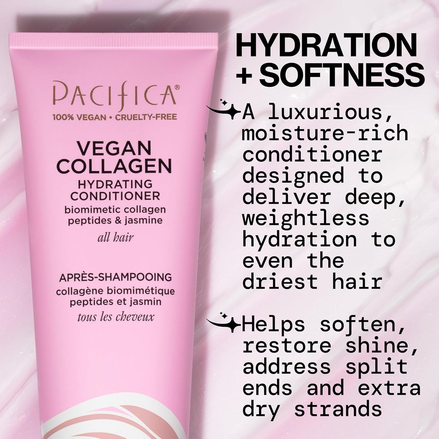 Pacifica Hair Conditioner - Vegan Collagen Hydrating, Haircare, Avocado Oil, Vitamin B5, Add and Restore Shine, For Dry and Damaged Hair, Sulfate and Silicone Free, Hair Care, 8 fl oz (1 Count)