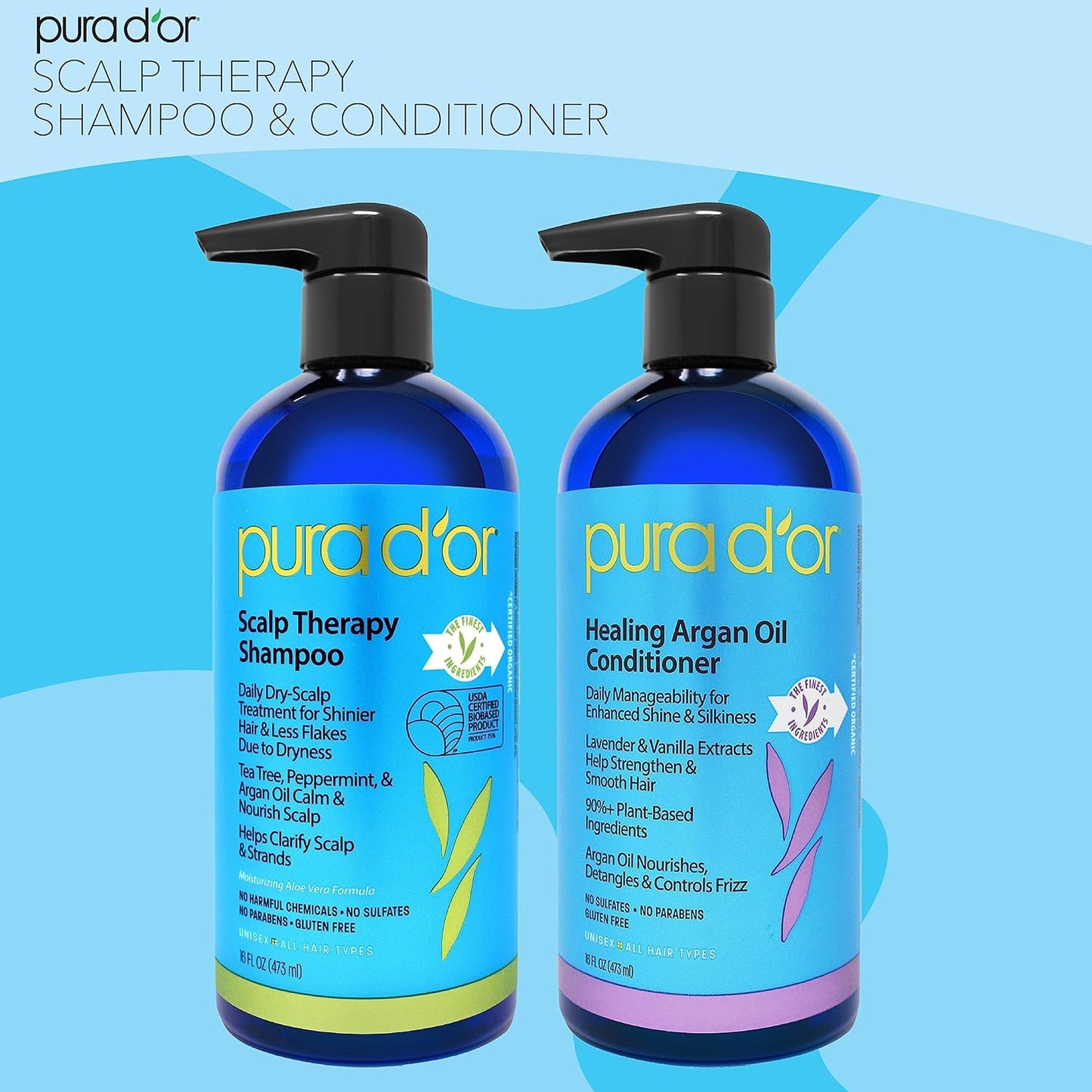 PURA D'OR Scalp Therapy Shampoo & Conditioner Set (16oz x 2) Dry, Itchy Scalp-Hydrates & Nourishes Hair w/Tea Tree, Peppermint, Argan Oil & Biotin, All Hair Type, Men Women (Packaging Varies)