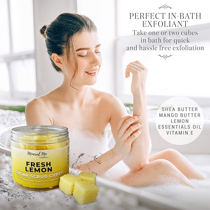 Body Scrub Exfoliator - 12oz FRESH LEMON Sugar scrub cubes w/Mango Butter & Shea butter- Ultra Hydrating & Moisturizing - Natural & Organic for all body exfoliation- For hands, arms legs, elbow & foot