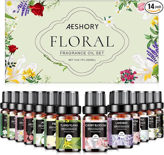 Floral Essential Oils Set - 14 Pcs Fragrance Oil for Diffusers, Aromatherapy, Candle Making - Lavender, Geranium, Rose, Jasmine, Gardenia Aromatherapy Essential Oils Kit