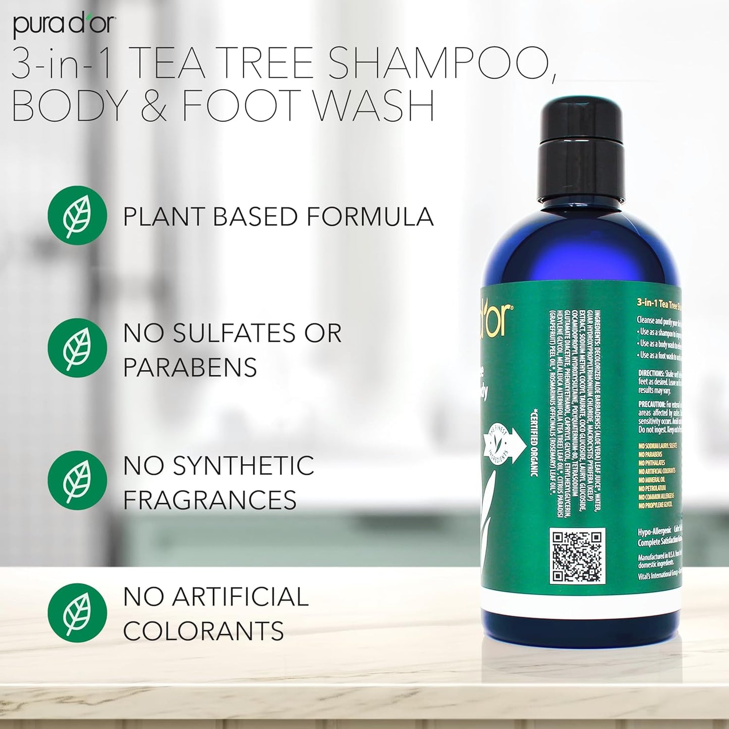 PURA D'OR 3-in-1 Tea Tree Shampoo, Body & Foot Wash, Shampoo (16oz x2 = 32oz) Total Body Care - Foot Odor & Daily Hygiene, Cleansing Routine, Post-Workout Refreshment - Soothes, Invigorates, Nourishes