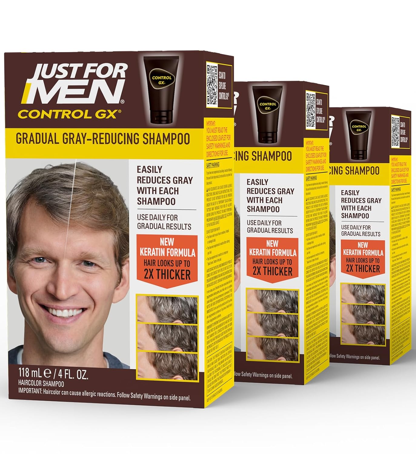 SHAMPOO Just for Men Control GX Grey Reducing for Lighter Shades of Hair, Blonde to Medium Brown, Gradual Hair Color with Keratin, 4 Fl Oz - Pack of 3 (Packaging May Vary)