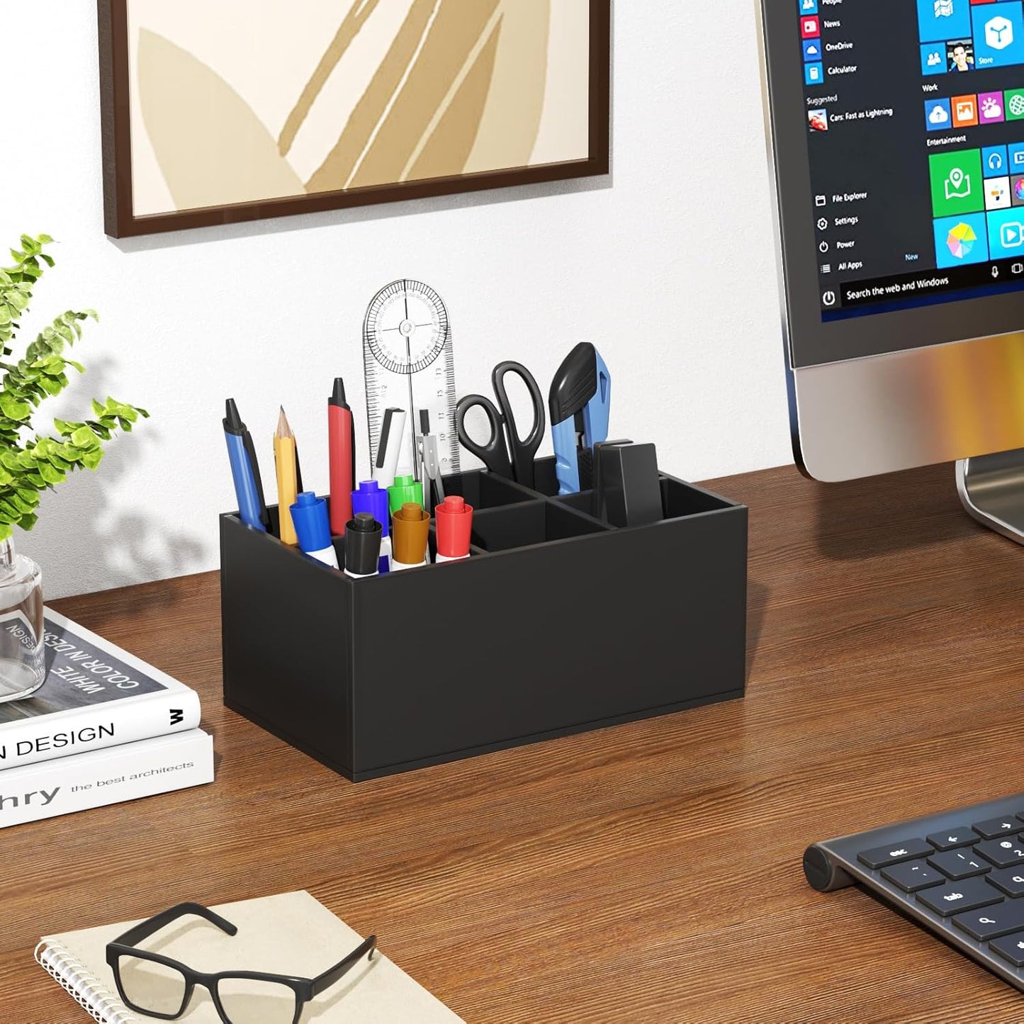 HIIMIEI Black Makeup Brush Holder Organizer Acrylic 6-Slots Cosmetic Brushes Storage Organizer for Vanity Countertop