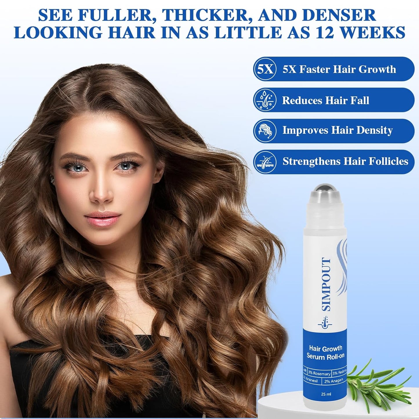 Rosemary Hair Growth Serum Roll On, Nourishing Scalp Hair, Thicker & Stronger Hair, Reduces Hair Fall, Suit for Women Men, For All Hair Types(Rosemary)