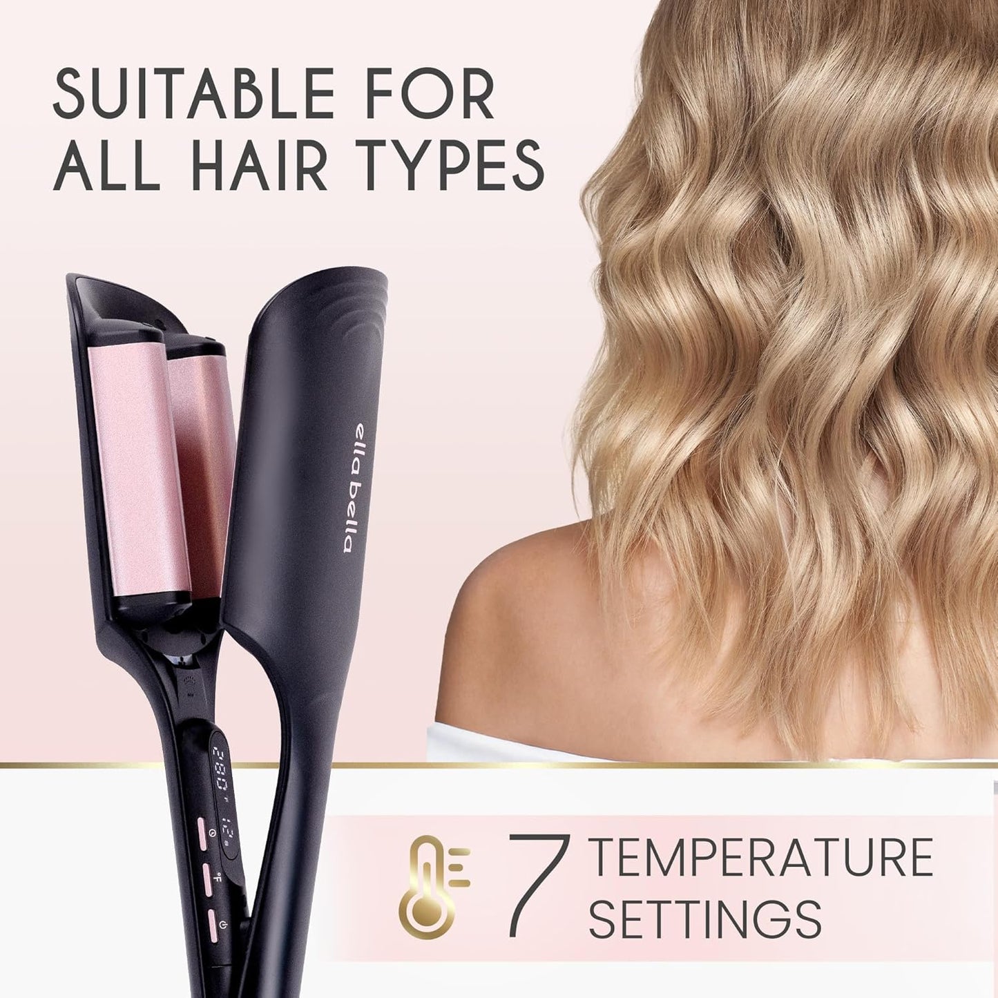 ELLA BELLA® Ultimate Waver Curling Iron • Crimper Hair Tool • Adjustable Heat Settings • Dual Voltage Hair Curler • Anti-Scald Tech • Ionic Ceramic Coating for Long-Lasting, Frizz-Free Beach Waves