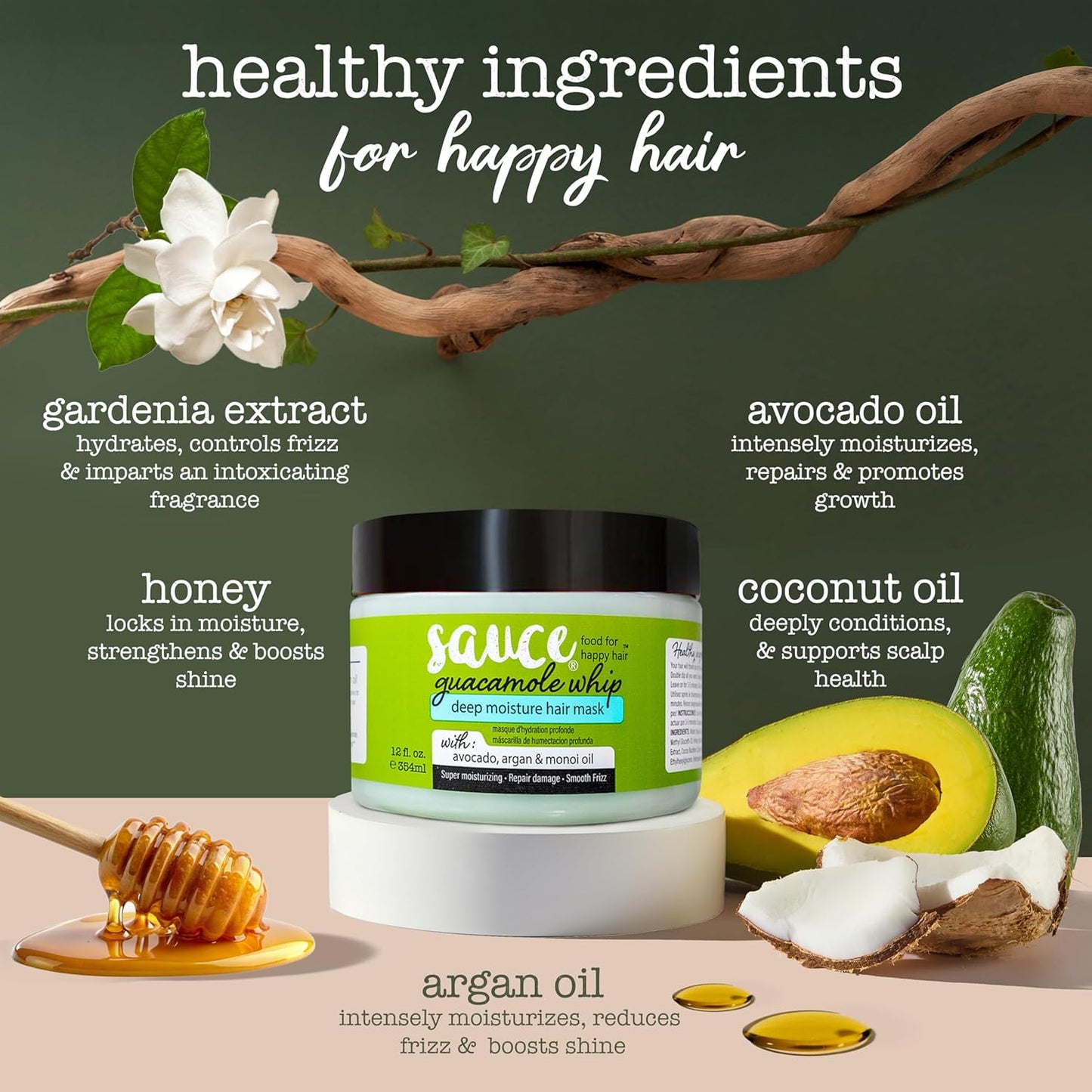 SAUCE BEAUTY Guacamole Whip Hair Mask - Deep Conditioning Hair Mask for All Hair Types w/Avocado, Honey & Argan Oil - 12 Fl Oz Hair Mask for Dry, Damaged & Frizzy Hair (Guacamole)