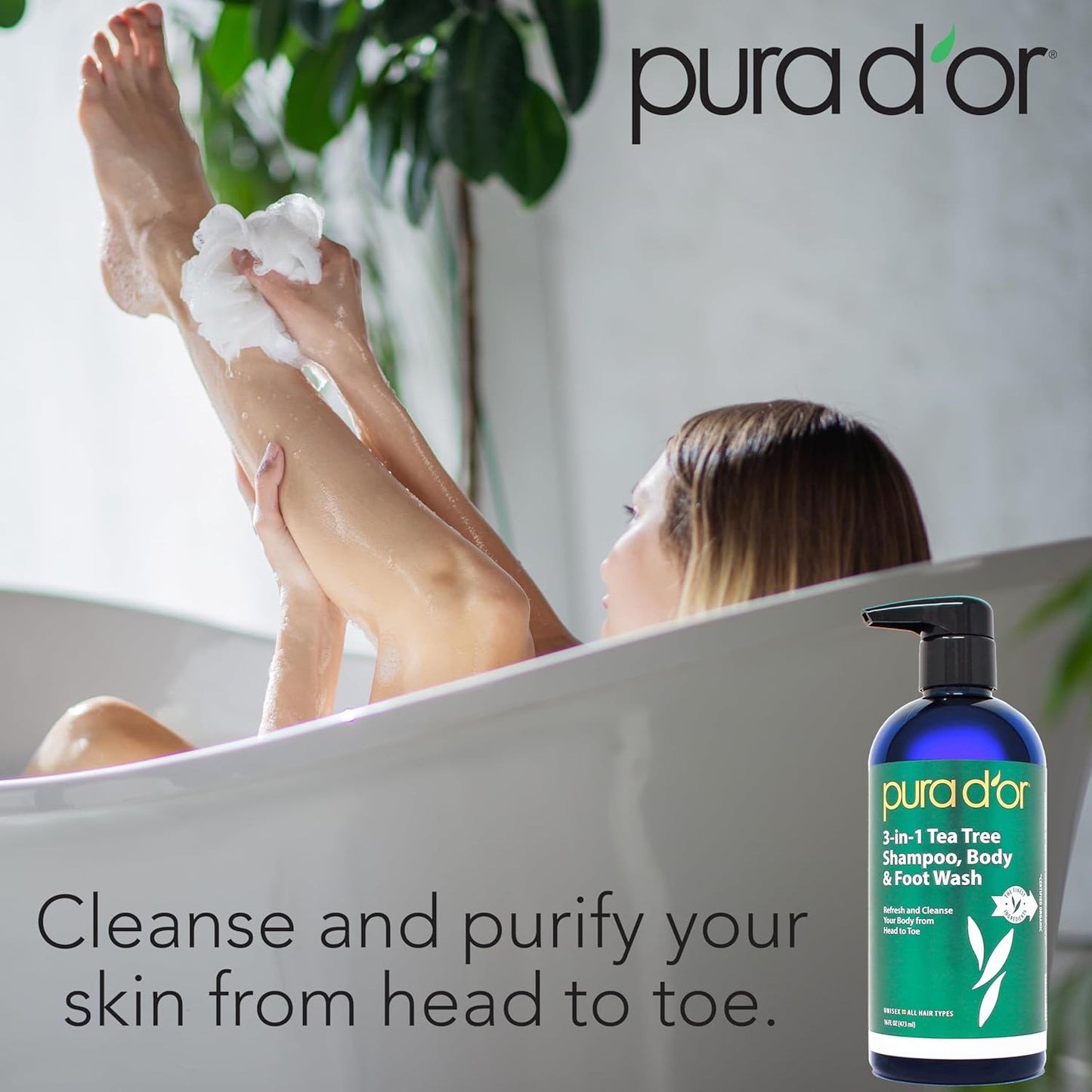 PURA D'OR 3-in-1 Tea Tree Shampoo, Body & Foot Wash, Shampoo (16oz x3 = 48oz) Total Body Care - Foot Odor & Daily Hygiene, Cleansing Routine, Post-Workout Refreshment - Soothes, Invigorates, Nourishes