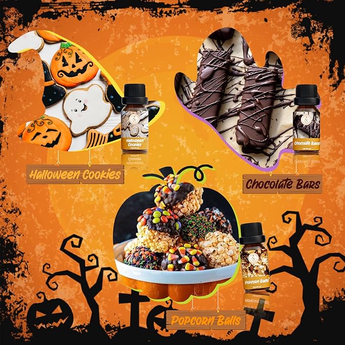 Halloween Essential Oils Set, Fragrance Oil Gift Set for Oil Diffusers, Scented Oils 6x10ml - Caramel Apples, Pumpkin Pie, Candy Corn, Halloween Cookies, Chocolate Bars, Popcorn Balls