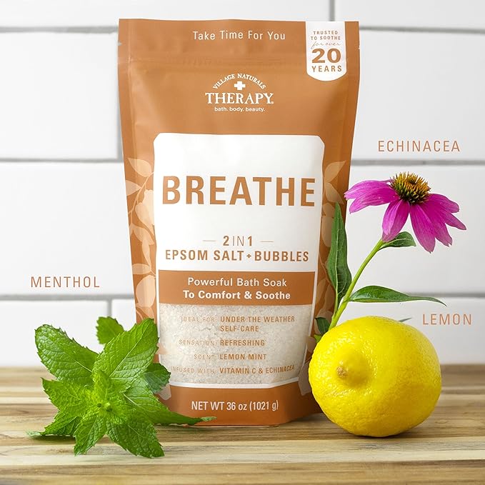 Village Naturals Breathe Foaming Body Soak, Epsom Salt, Essential Oils, Soothing Bubbles, Sea Salt 36 oz, Pack of 2