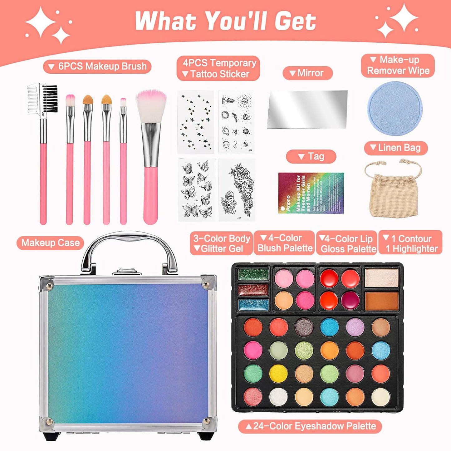 Anpro All-in-One Makeup Carry Case with Pro Teen Makeup Set, Full Starter Cosmetics Kit with Makeup Brushes, Eye Shadows Palette, Blushes, Glitter Gel, Temporary Tattoo Stickers - Pink, Style01