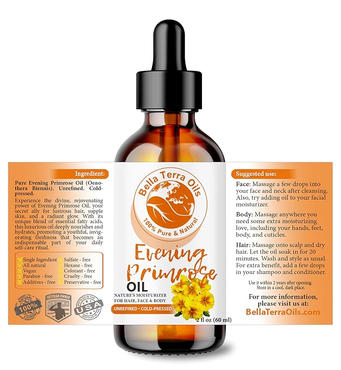 Bella Terra Oils - Organic Evening Primrose Oil 2oz - Celebrating Primrose's Nutrient Legacy, Infused with Vitamin E & Omega-6, Superior Oil Experience for the Skin