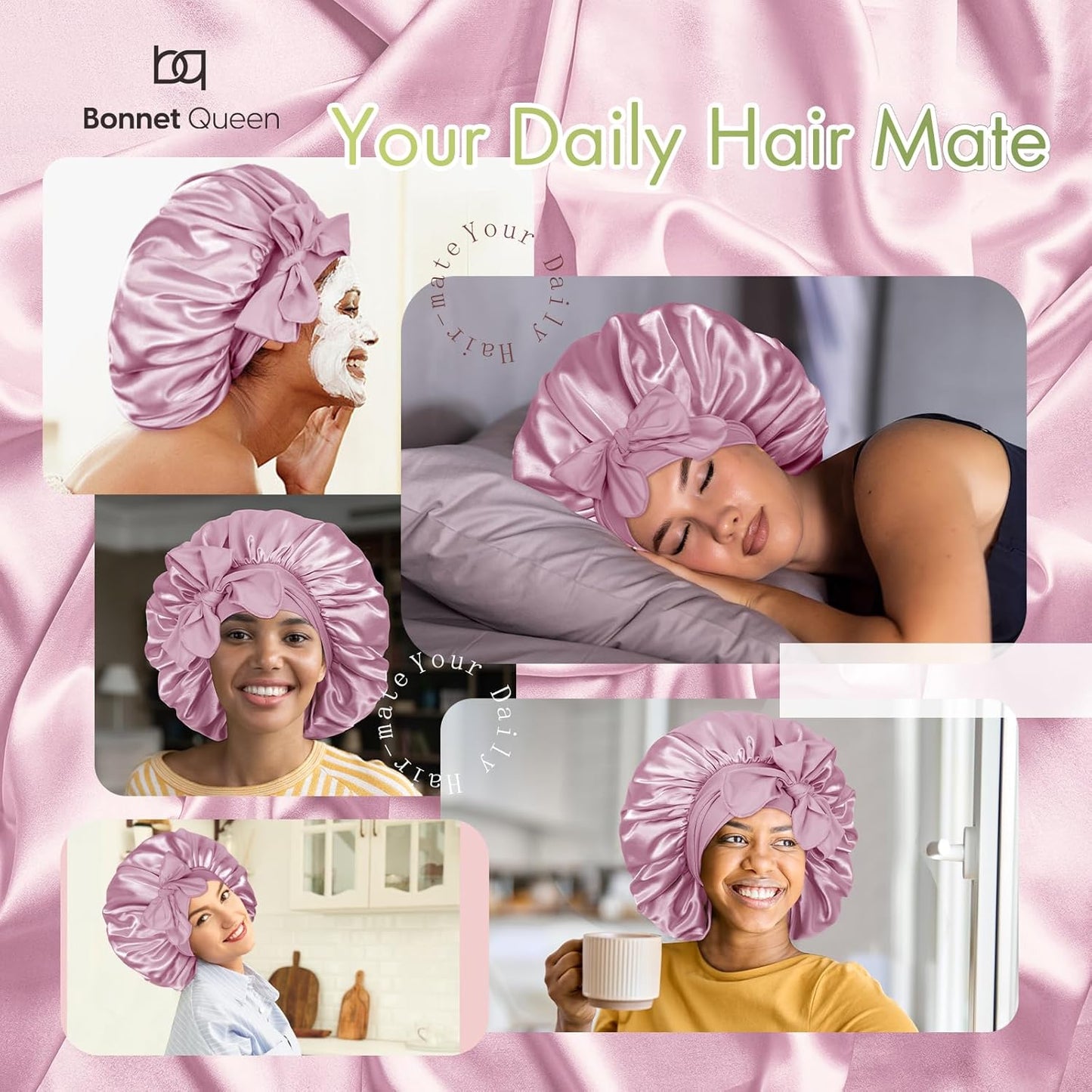 BONNET QUEEN Large Satin Bonnet Silk Bonnet for Sleeping Women Hair Bonnet Big Bonnet Night Sleep Cap Scarf Wrap for Curly Hair with Tie Band Rose Gold
