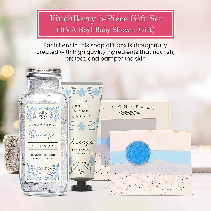 FinchBerry 3-Piece Gift Set – It’s A Boy! Baby Boy Shower Gift, New Mom Care Package & First-Time Mom Gifts! Includes Handmade Shea Butter Soap (4.5oz), Bath Soak (20oz) & Nourishing Hand Cream (1oz)