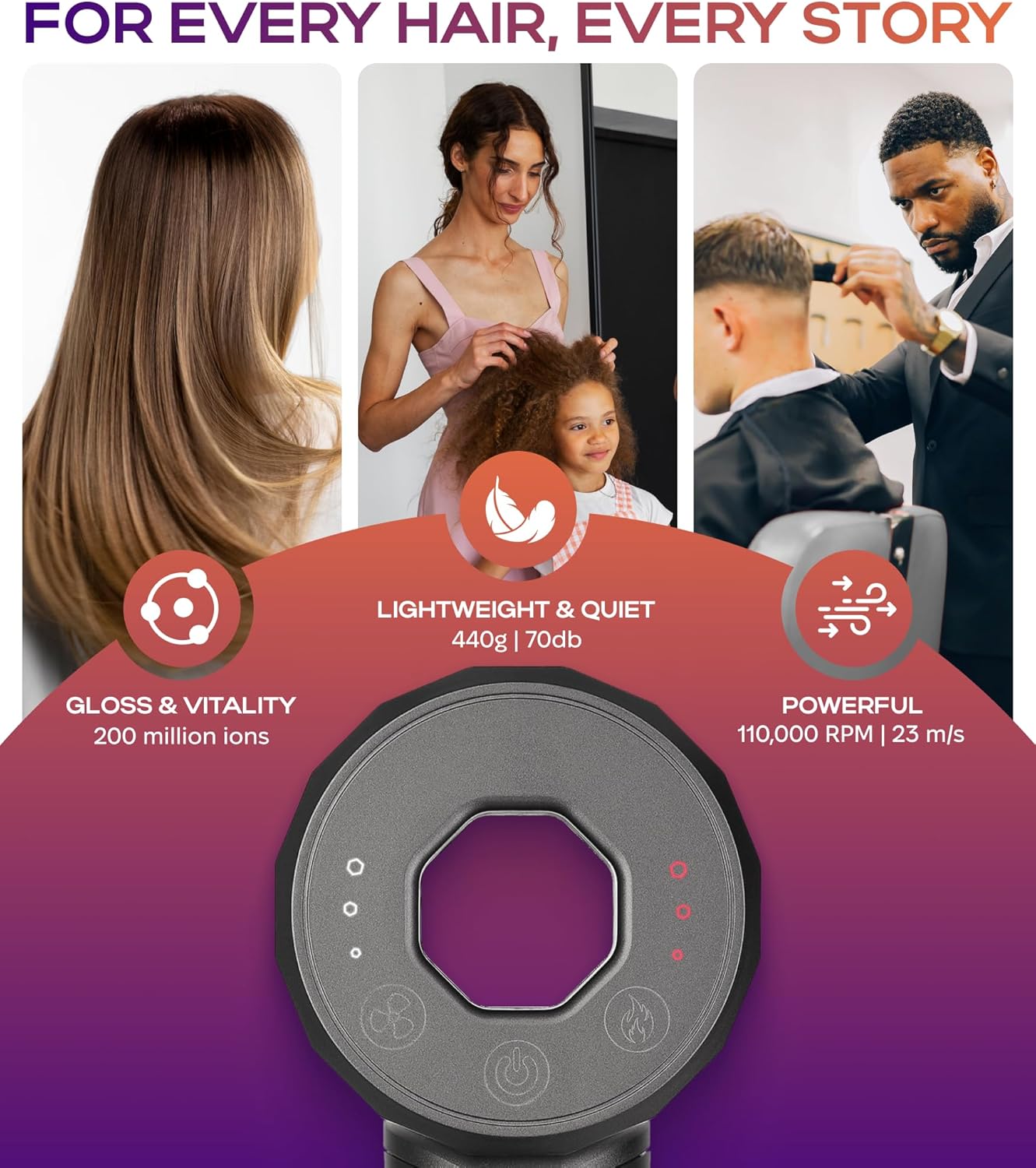 Ionic Hair Dryer Premium Quality, High-Speed Professional Brushless Motor 110,000 RPM, 1600W Power, 9 ft Long Cord and Magnetic Nozzle, Lightweight Blow Dryer, Ultra Quiet Fast Drying (Gray)