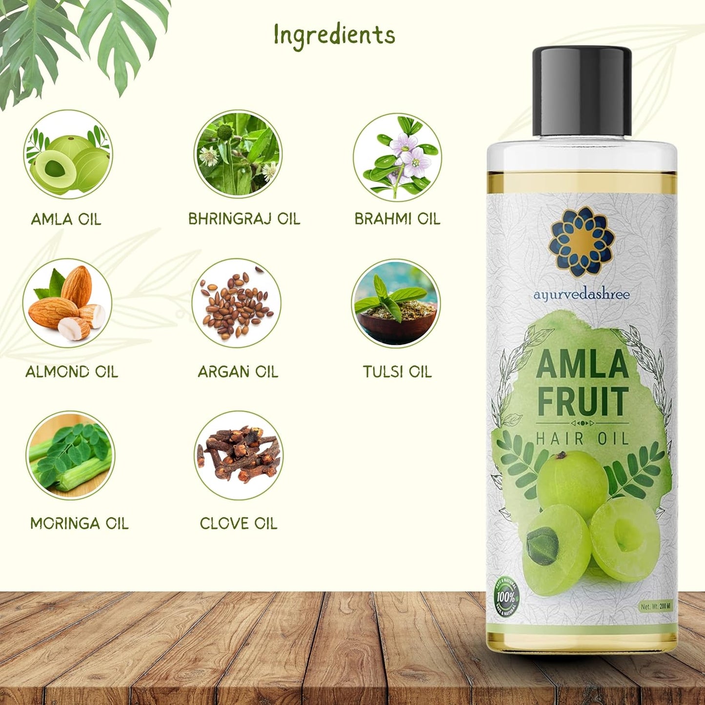 Amla Oil for Hair Growth with Bhringraj, Brahmi, Tulsi, Almond, Argan, Moringa & Clove Oils - 6.76 fl oz