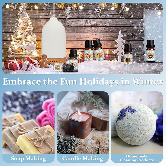 SALUBRITO Winter Fragrance Oils Set, Holiday Essential Oils for Diffuser, Candle, Soap Making - Christmas Tree, Cinnamon, Gingerbread, Candy Cane, Spiced Cider, Sugar Cookies Scented Oil