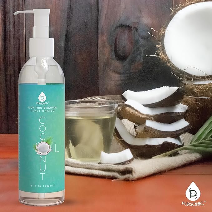 Pursonic Pure Unscented Fractionated Coconut Oil - 8 Oz Multipurpose Oil for Skin, Hair, Body Massage & Makeup Removal - Carrier Oil for Essential Oils and Aromatherapy