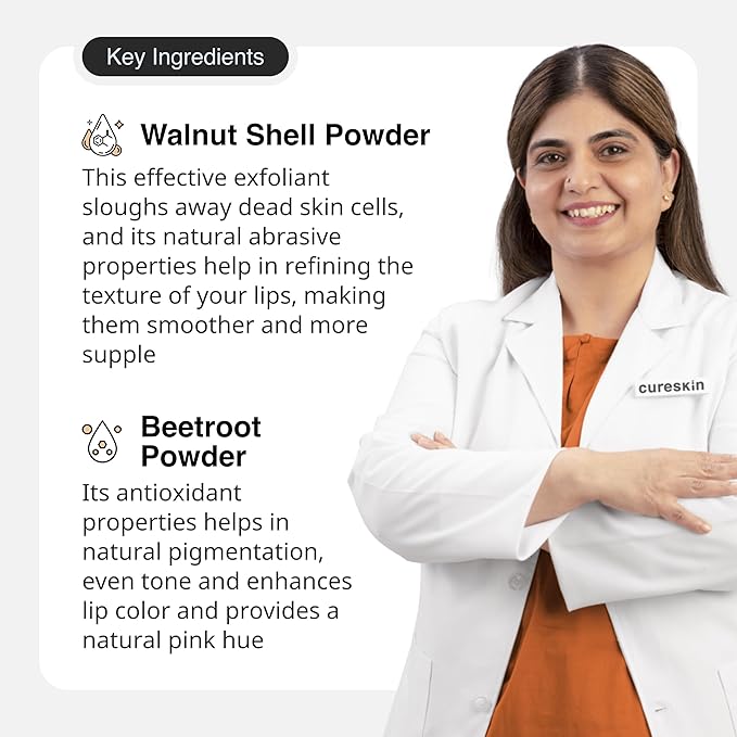 Lightening Lip Scrub for Men and Women | Exfoliate & Brighten with Walnut Shell Powder, Beetroot & Squalane | Lip Scrub for Dark Lips to Lighten Pink