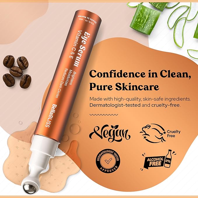 BellaBLISS Vitamin C & Vitamin E Eye Serum – Hydrating Under Eye Roller for Puffiness, Wrinkles & Dark Circles – Lightweight Cooling Formula – 0.5 fl.oz / 15 ml – Pack of 1