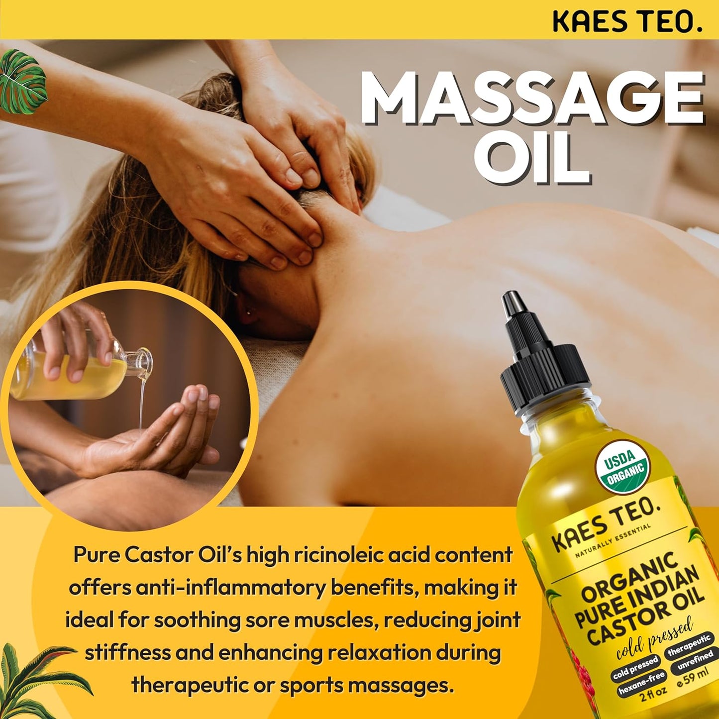 Organic Castor Oil 100% Pure Cold Pressed 2 Fl Oz Extra Virgin Unrefined Hexane Free - USDA Certified Organic, Golden Castor oil for Face, Skin, Hair, Eyebrows - Boost Hair Growth