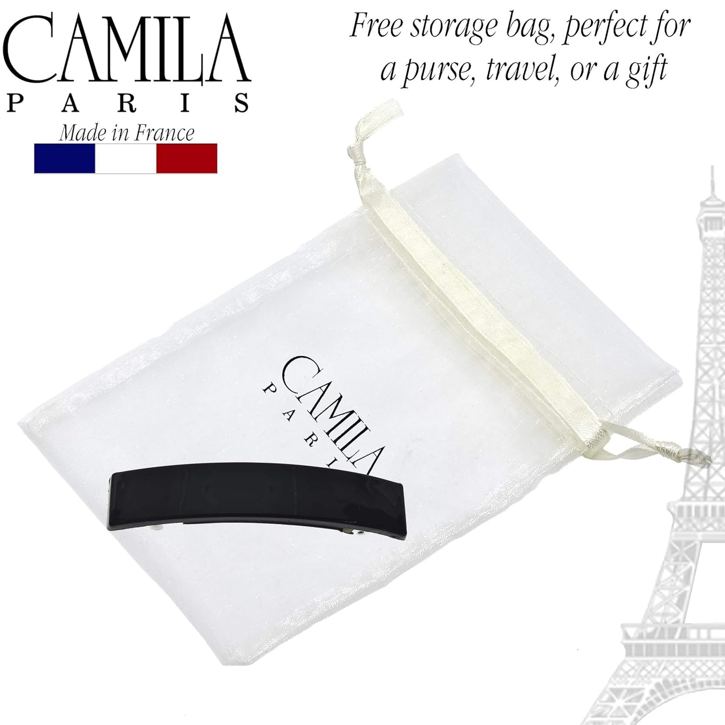 Camila Paris AD820 French Hair Barrette Clip for Girls, Black, Rubberized Metal Clasp, Strong Hold Grip Hair Clips for Women, No Slip and Durable Styling Girls Hair Accessories, Made in France