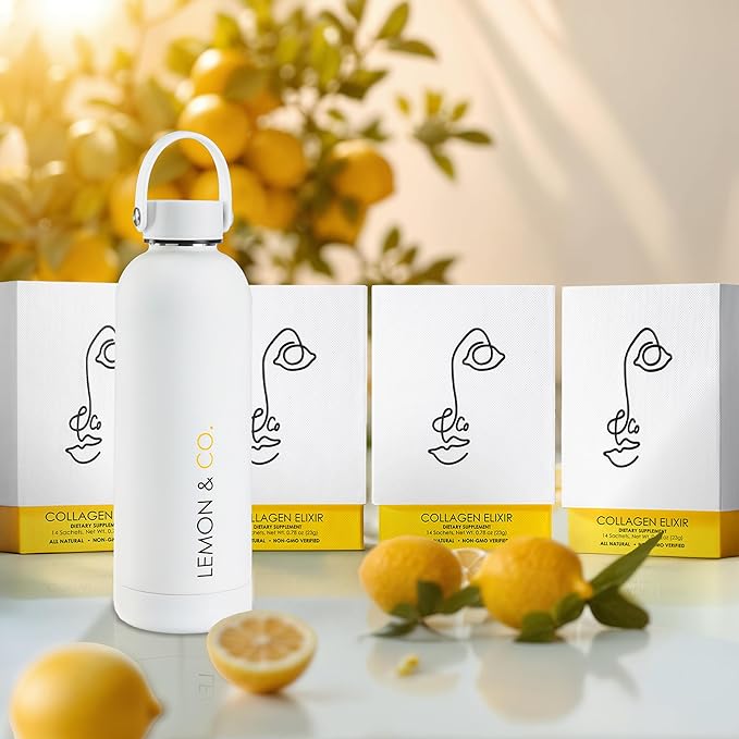 Lemon & Co. 8-Week Wellness Bundle – Liquid Collagen Elixir for Women & Men + Stainless Steel Insulated Bottle - 5g Marine Collagen for Skin, Hair, Nails, Gut Health | Organic Lemons, No Preservatives