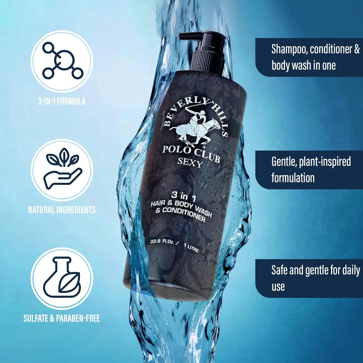 Beverly Hills Polo Club Men's 3-in-1 Shampoo Conditioner Body Wash - Luxury Scent Sexy - All Hair Types, 33.8 oz