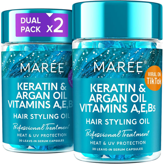 MAREE Hair Oil for Frizzy - Hair Vitamins Keratin Styling Capsules 2 PACK with Jojoba & Argan Oil - Anti Frizz Serum for Women - Frizzy, Damaged, Dry & Curly - Sérum Gotas & Aceite Para el Cabello