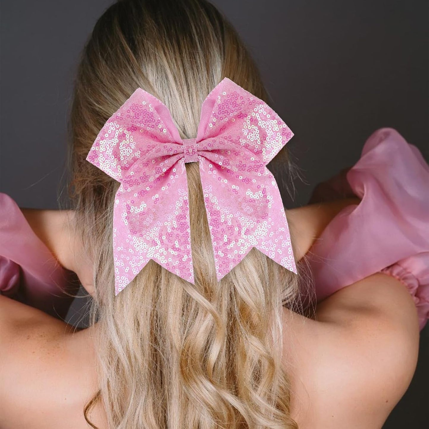 Large Glitter Cheer Bows Clips, Jumbo Big 7 Inch Cheerleading Sequin Hair Bow Hair Accessories for Teens Girls Football Sports Cheerleader Outfit Uniform (Pink)