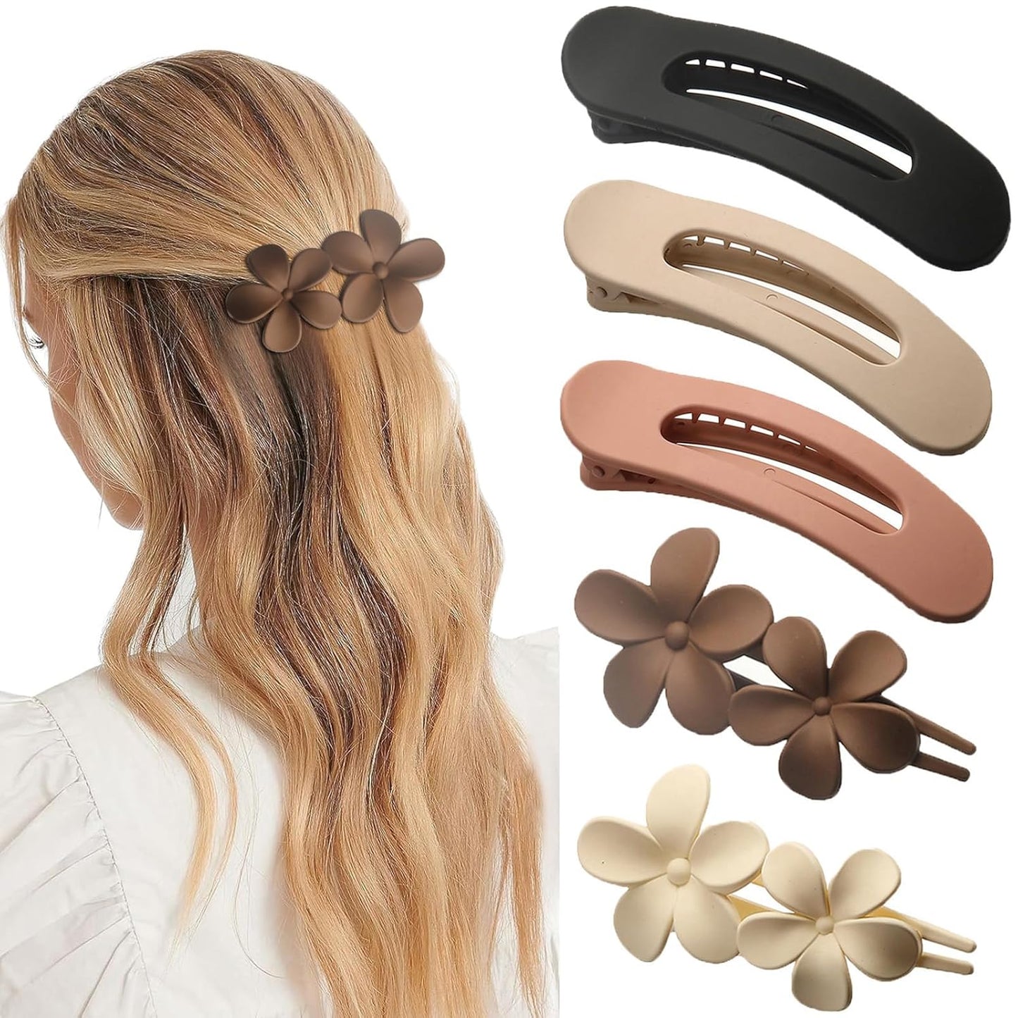 5 Pcs Flat Hair Clips, 2 Styles Large Lay Flat Claw Clips for Women Girls,Strong Hold Non-slip Matte Hair Claws for Thick Thin Hair(Brown&White)