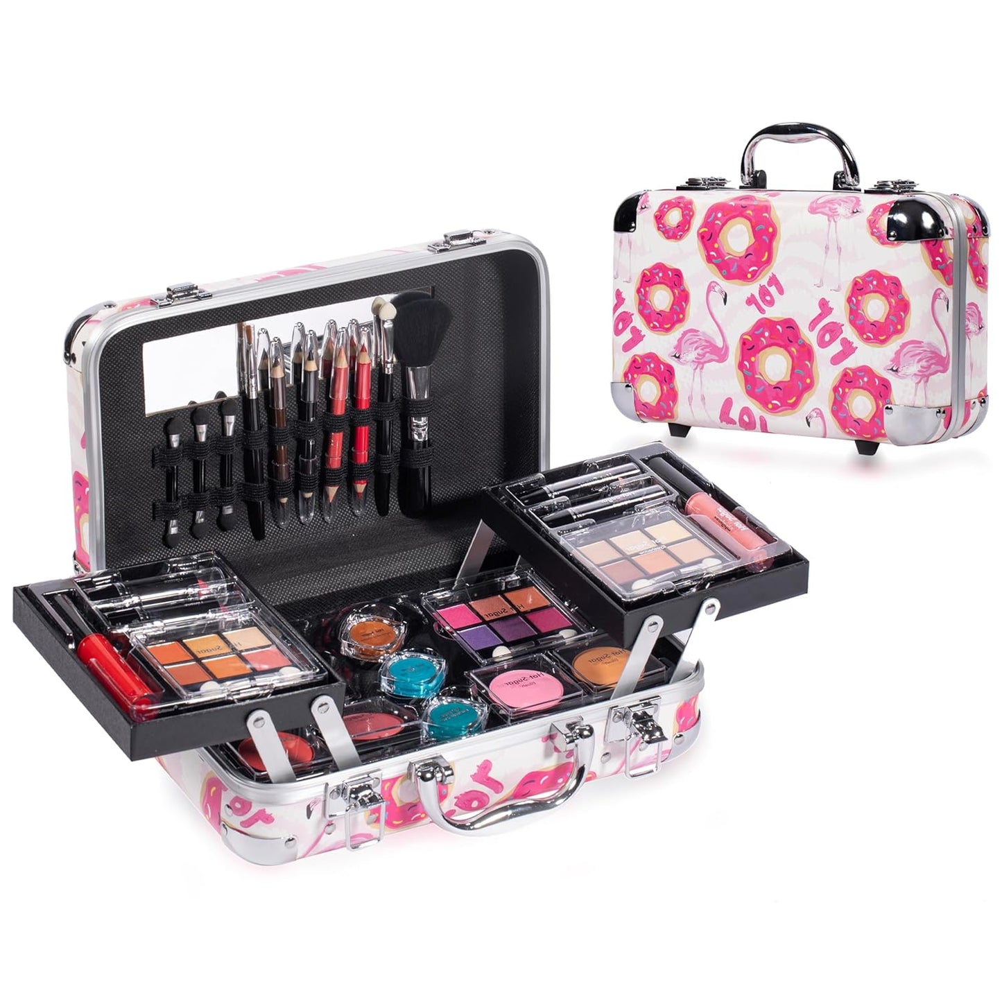 Hot Sugar All In One Makeup Set for Adults and Girls-Full Makeup Kit for Beginners Includes Eye Shadow Palette Blush Lip Gloss Lipstick Lip Pencil Eye Pencil Brush Mirror (Doughnut)