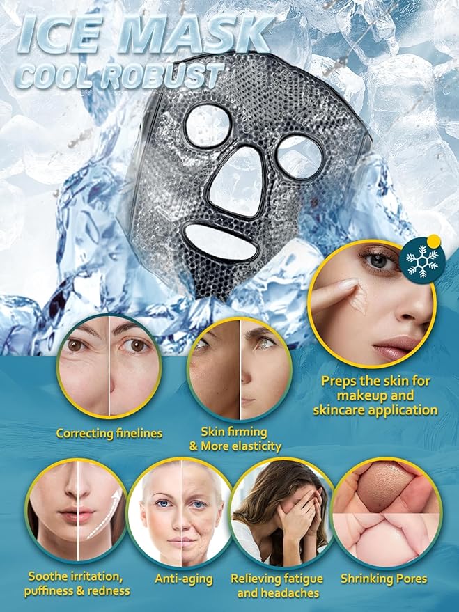 Ice Mask Frozen Rubber Ice Face Masks Puffy Eye Face Depuffer Black Cold Cooling after Surgery Freezable Chill Ice Pack Full Face Mask Facial Skin Cool Care Women Men Beauty Tool