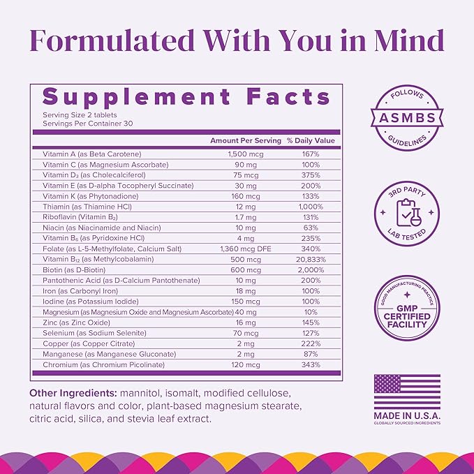BariMelts Bariatric Multivitamin with Iron - 60 Fast-Dissolving Tablets (1-Month Supply) - Sugar-Free Bariatric Vitamins for Women, Natural Blueberry Flavor