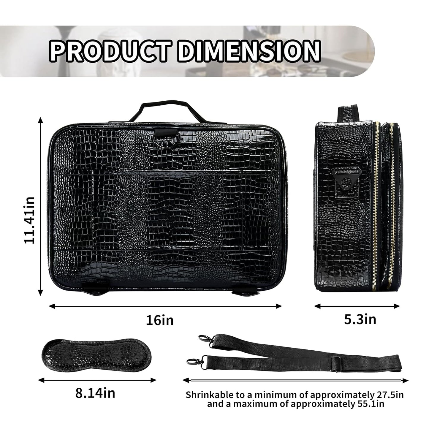 gzcz Large Capacity Travel Makeup Case Organizer,Professional Cosmetic Bags for Women,Waterproof PU Leather Makeup Bag with Adjustable Dividers and Shoulder Strap for Brushes and Jewelry