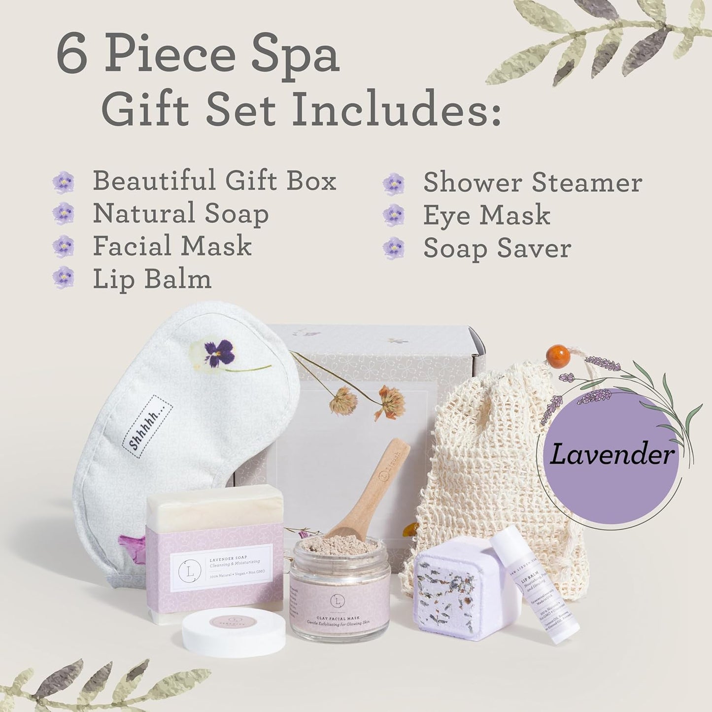 Lizush Luxury Spa Gifts for Women - 6 Piece Lavender Gifts for Her, Gift Baskets for Women, Body Care Set for Mom, Birthday Box, Self Care Spa Kit For Wife - Handmade in the USA