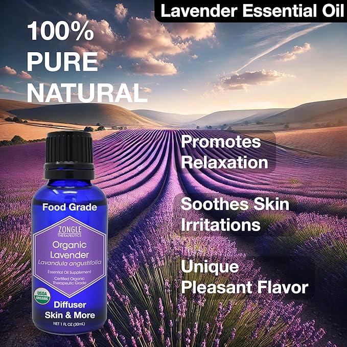 Organic, Lavender Essential Oil, Food Grade, for Drinks, Skin, Hair – 100% Pure, Lavender Oil, by Zongle Therapeutics, 1 OZ