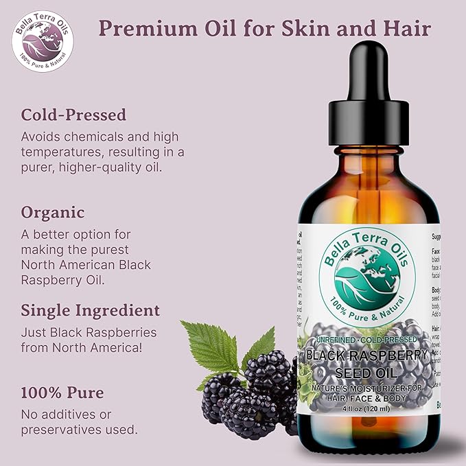 Bella Terra Oils - Black Raspberry Seed Oil 4 oz - Revel in Antioxidant-Rich Essence, Packed with Omega-6 & Omega-9, The Pinnacle of Skin Nutrient Oils