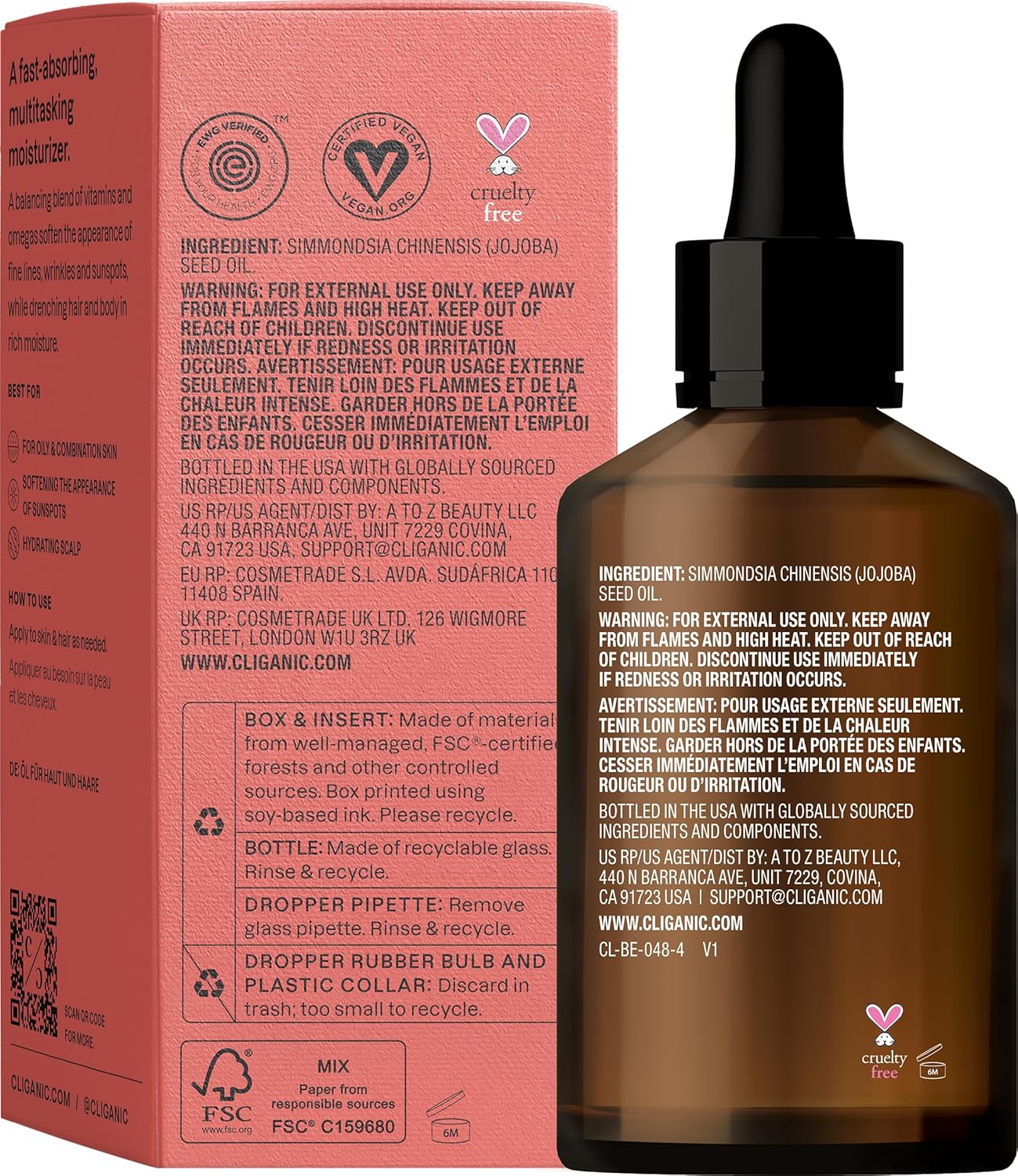 Cliganic Non-GMO Jojoba Oil for Skin, Hair & Face (4oz) | 100% Pure, Natural Cold Pressed Unrefined Hexane Free