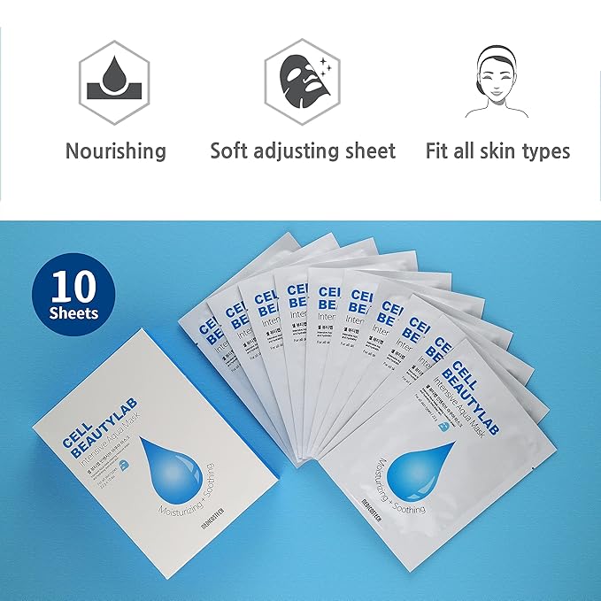 Intensive Aqua Mask 10 Pack | Hydrating, Moisturizing and Soothing Face Sheet Mask for All Skin Types | With Hyaluronic Acid, Panthenol, Shea Butter, Jojob Oil, Witch Hazel